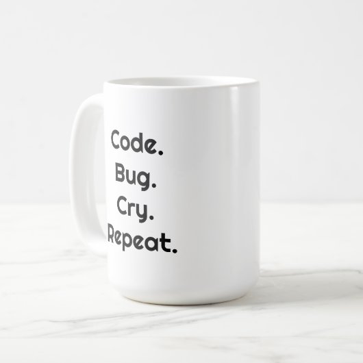 For Engineers & Developers – Code. Bug. Cry Mug Kaffeetasse (Vorderseite Links)