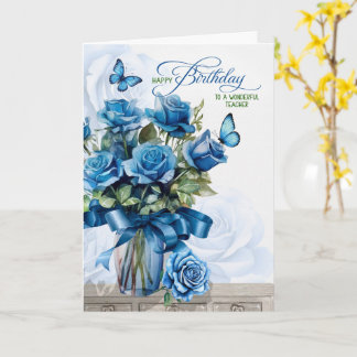 for Teacher Vase of Blue Roses Birthday Karte