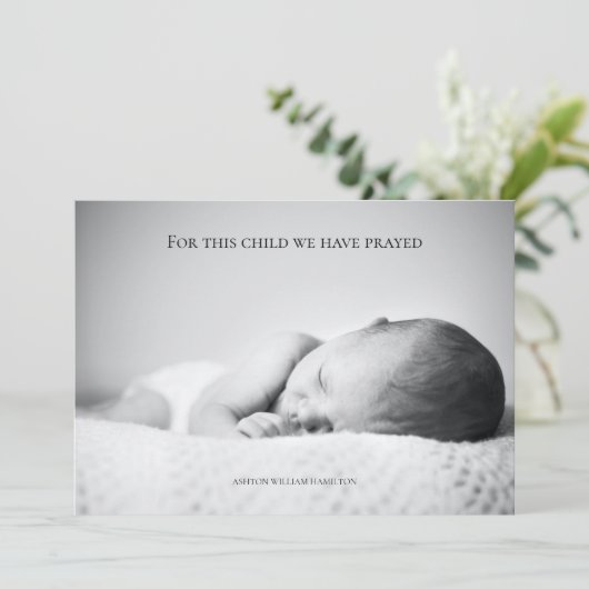 For This Child We Have Prayed Baby Shower Dankeskarte (Stehend Vorderseite)