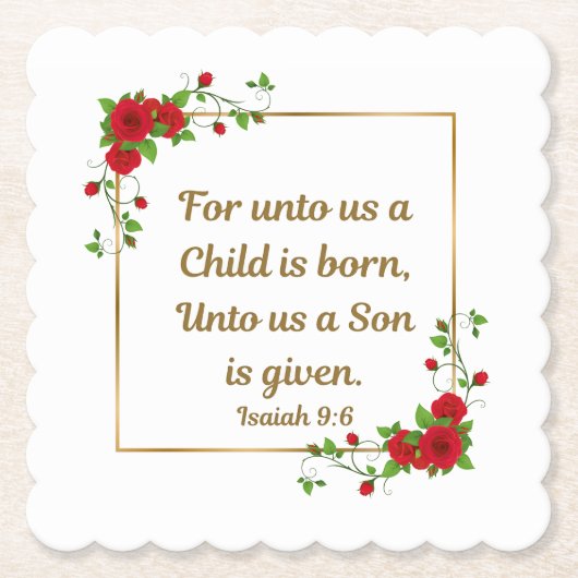 “For unto us a Child is born" Square Scalloped Untersetzer (Vorderseite)