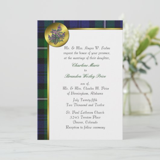 Forbes Tartan Kariert Wedding Einladung (Stehend Vorderseite)