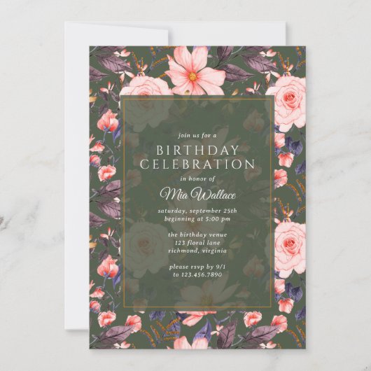 Forelle grün + Blush Pink Bloral | Garten Geburtst Einladung (Vorderseite)
