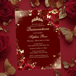 Forelle Red Gold Butterfly Floral Quinceanera Folieneinladung
