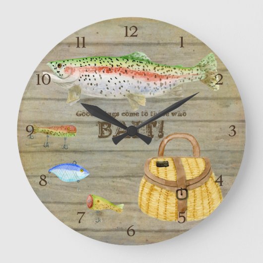 Forelle-Seen-Fischerei Creel Lures Vintag Große Wanduhr (Vorderseite)