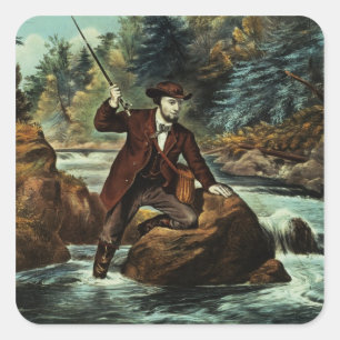 Forellenfischerei - ein ängstlicher Moment, 1862 Quadratischer Aufkleber