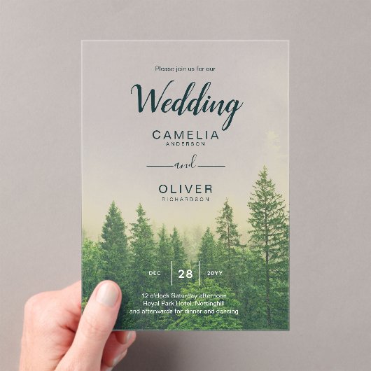 Forest Acrylic Wedding lädt Misty Pine Trees ein Acryleinladungen (Insitu (Handheld))