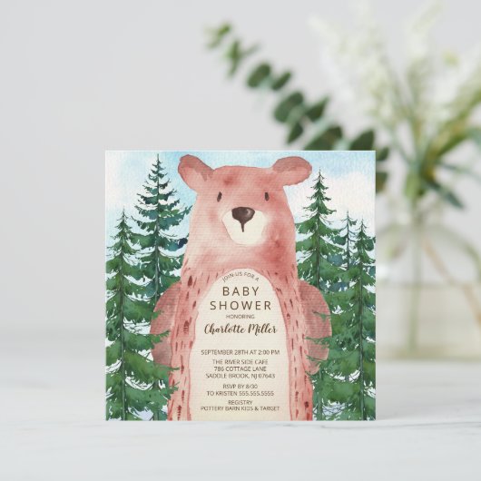 Forest Adventure Bear Boys Kinderdusche Einladung (Stehend Vorderseite)