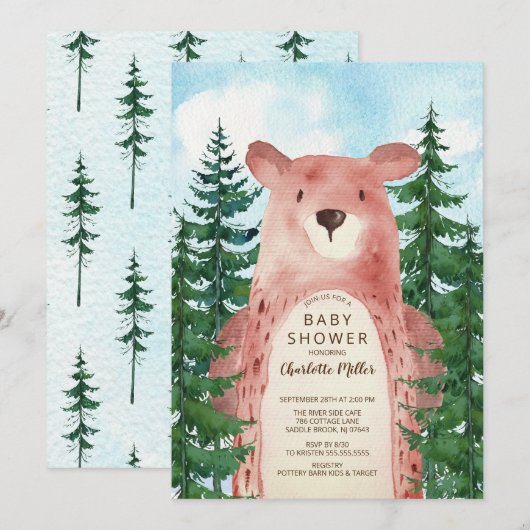 Forest Adventure Bear Boys Kinderdusche Einladung (Vorne/Hinten)