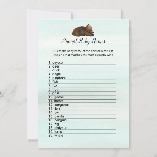 Forest Adventure Bears Animal Baby Names Game Card Einladung (Vorderseite)