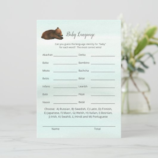 Forest Adventure Bears Baby Language Game Card Einladung (Stehend Vorderseite)