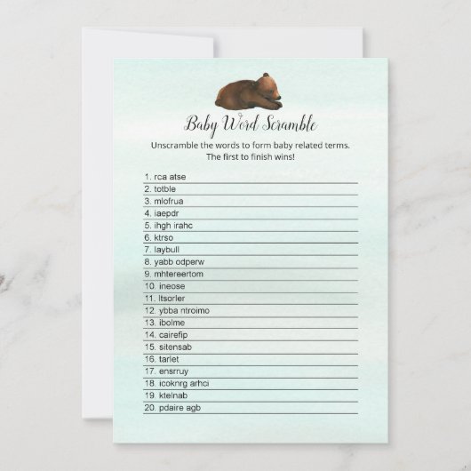 Forest Adventure Bears Baby Word Scramcard Einladung (Vorderseite)