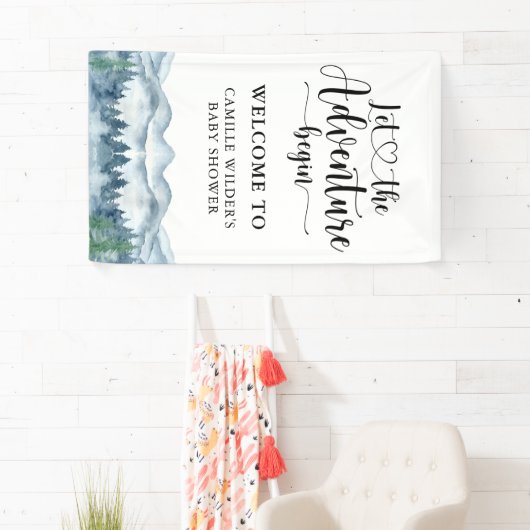Forest Adventure Mountains Blue Baby Shower Banner (Insitu)