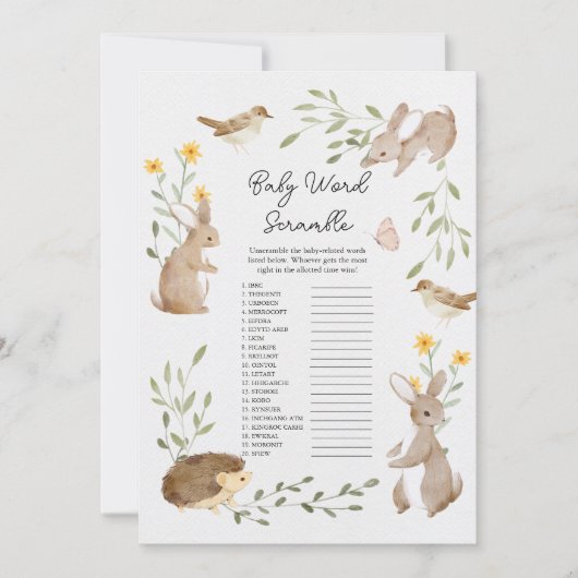 Forest Animal Baby Shooter Word Scramble Game Card Einladung (Vorderseite)