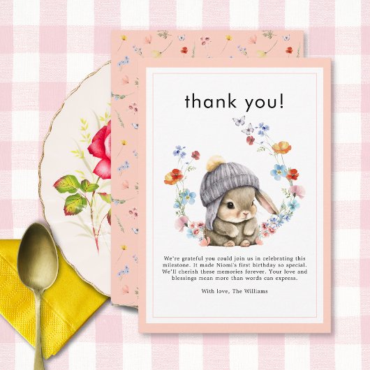 Forest Animal Bunny Botanical 1st Birthday Dankeskarte