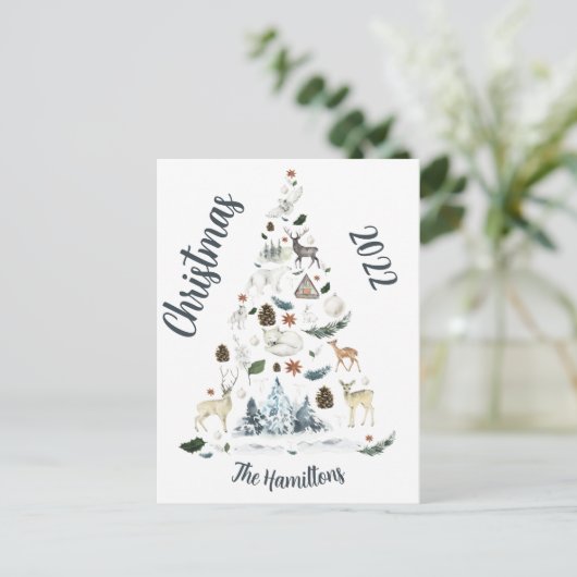 Forest Animal Christmas Tree Postcard Postkarte (Stehend Vorderseite)