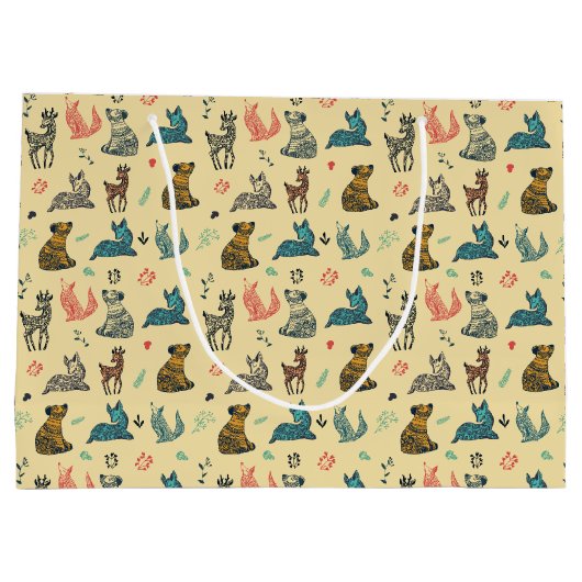 Forest Animal Doodle Muster | Gelb Große Geschenktüte (Rückseite)