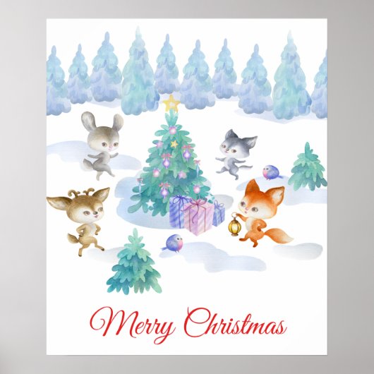 Forest Animals Dancing Around Christmas Tree Poster (Vorne)