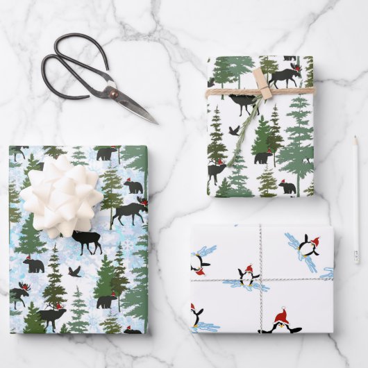 Forest Animals in Santa Hats Geschenkpapier Set (Vorderseite)
