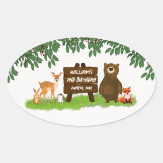 Forest Animals Rustic Woodland Kid's Birthday Ovaler Aufkleber