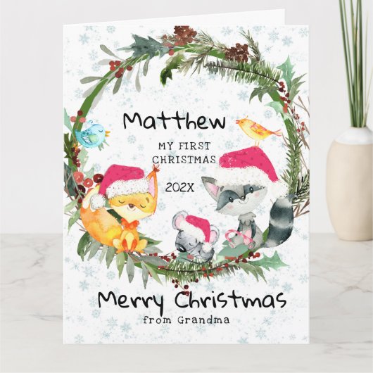 Forest Baby's First Christmas Card von Oma Karte (Vorderseite)