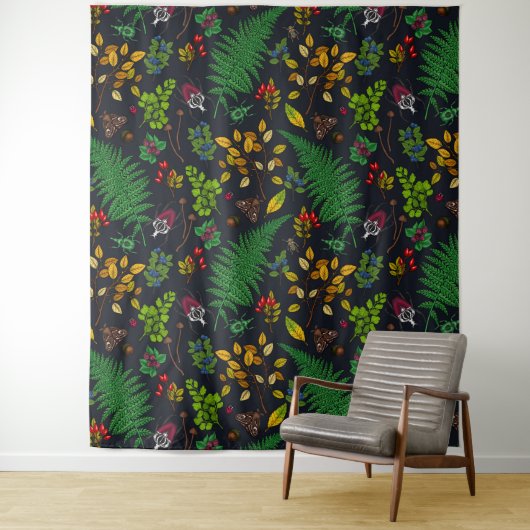 Forest berries, leaves and bugs on graphite black wandteppich (Beispiel)