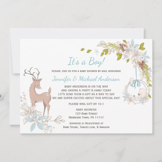 Forest Blue Boy Bear Hirschdusche per Mail Einladung (Vorderseite)