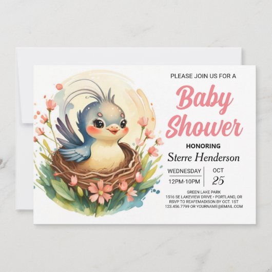 Forest Boho Girly Bird Baby Dusche Einladung (Vorderseite)
