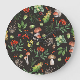 Forest Bounty: Aquarellfarben-Pilzmuster Große Wanduhr