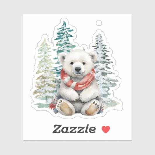 Forest Christmas Trees Polar Bear with Red Scarf Aufkleber (Blatt)