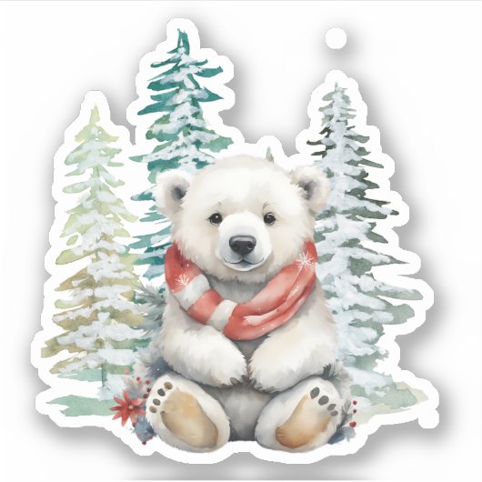 Forest Christmas Trees Polar Bear with Red Scarf Aufkleber (Vorderseite)