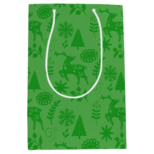 Forest Deer Folk Art Green Gift Bag Mittlere Geschenktüte (Vorderseite)