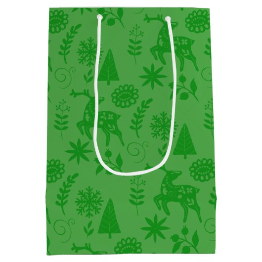 Forest Deer Folk Art Green Gift Bag Mittlere Geschenktüte (Rückseite)