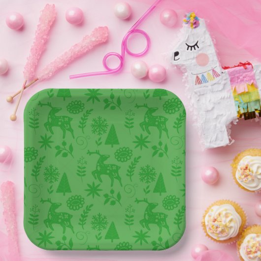 Forest Deer Folk Art Green Pappteller (Party)