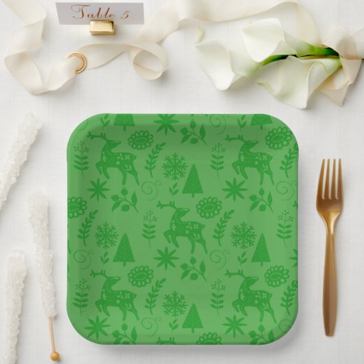 Forest Deer Folk Art Green Pappteller (Hochzeit)