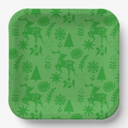 Forest Deer Folk Art Green Pappteller (Vorderseite)