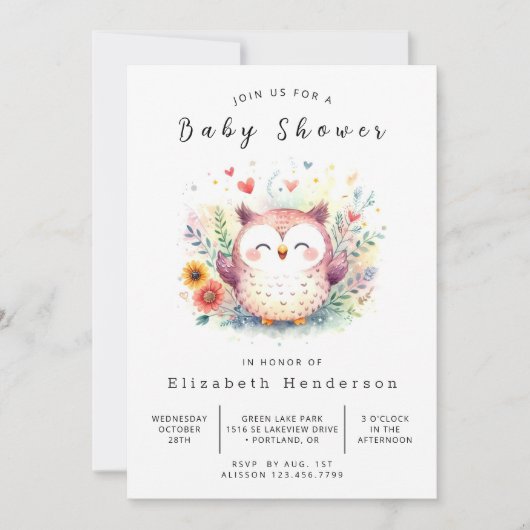Forest Editable Owl Baby Dusche Einladung (Vorderseite)