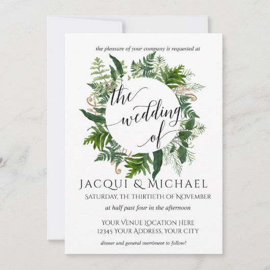 Forest Emerald Fern Foliage Leaf Wreath Wedding Einladung (Vorderseite)
