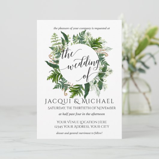 Forest Emerald Fern Foliage Leaf Wreath Wedding Einladung (Stehend Vorderseite)