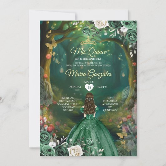 Forest Enchanted Emerald Green Quinceañera Einladung (Vorderseite)