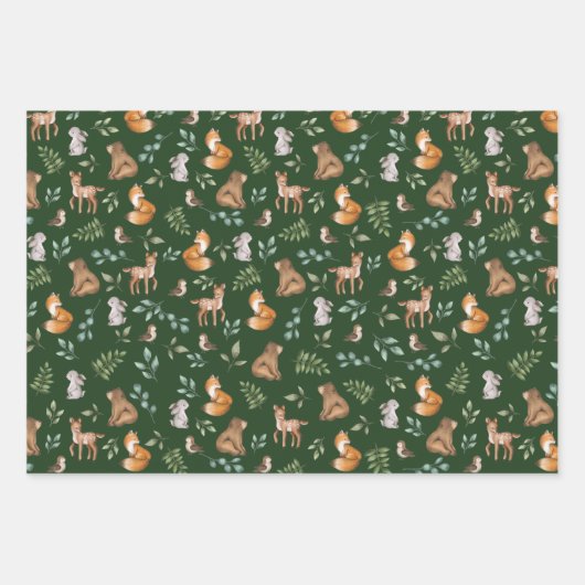 Forest Fable Woodland Tiere Grüne Baby Geschenkpapier Set (Vorderseite 2)