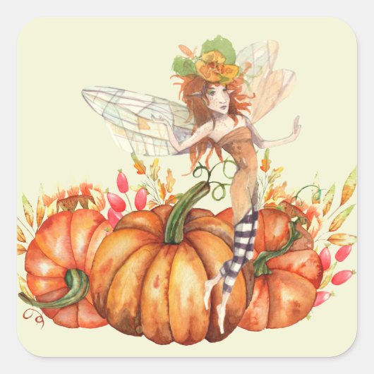 Forest Fairy & Autumn Pumpkin Bouquet Quadratischer Aufkleber (Vorderseite)