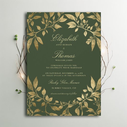 Forest Foliage Botanical Elegant Script Wedding Einladung