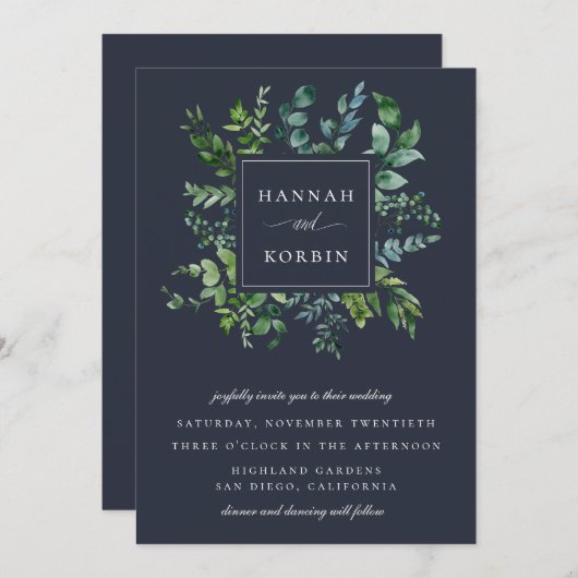 Forest Foliage Frame Navy Blue Wedding Einladung (Vorne/Hinten)