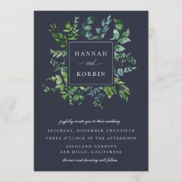 Forest Foliage Frame Navy Blue Wedding Einladung