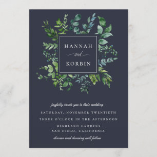 Forest Foliage Frame Navy Blue Wedding Einladung