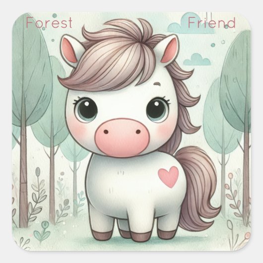 Forest Friend Niedlich Pony Pastel Quadratischer Aufkleber (Vorderseite)