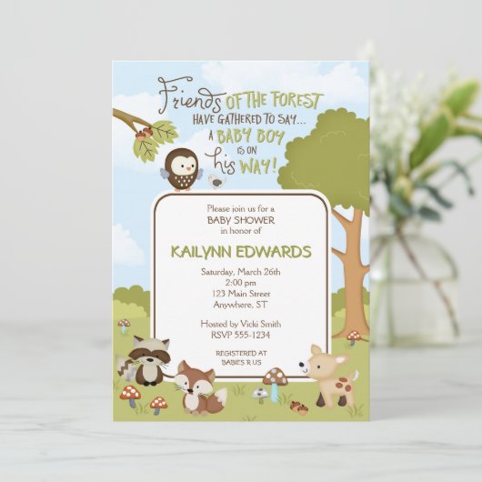 Forest Friends Baby BOY Dusche Einladung (Stehend Vorderseite)