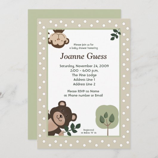 Forest Friends Bear & Monkey Baby Dusche Einladung (Vorne/Hinten)