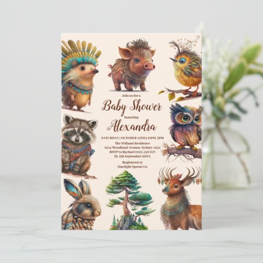 Forest Friends & Woodland Greenerie Kinderdusche Einladung (Stehend Vorderseite)