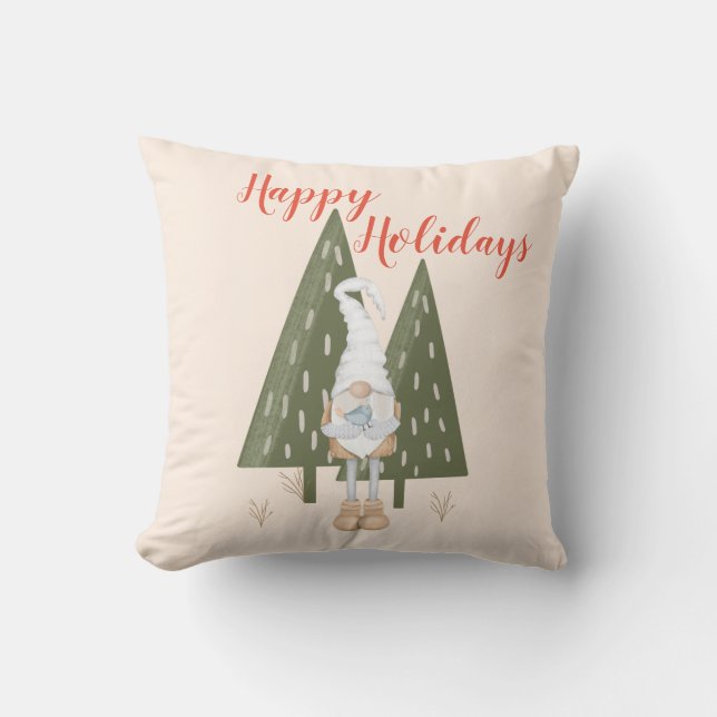 Forest Gnome Happy Holidays Christmas Throw Kissen (Vorderseite)